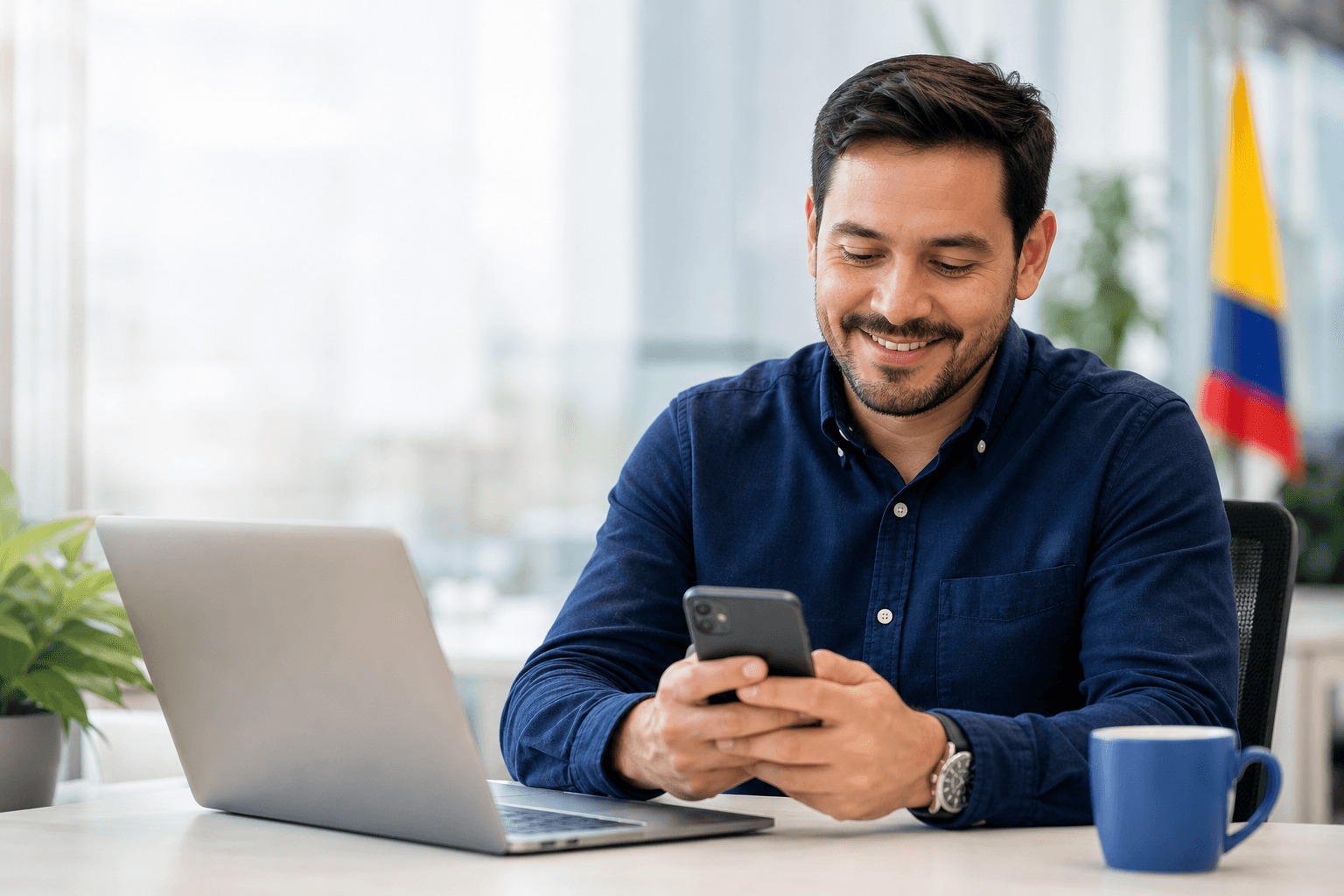 Empleado usando celular en su trabajo en Colombia